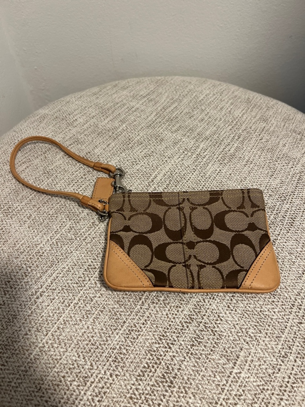 Coach Brown Signature Canvas Wristlet with Tan Leather Accents